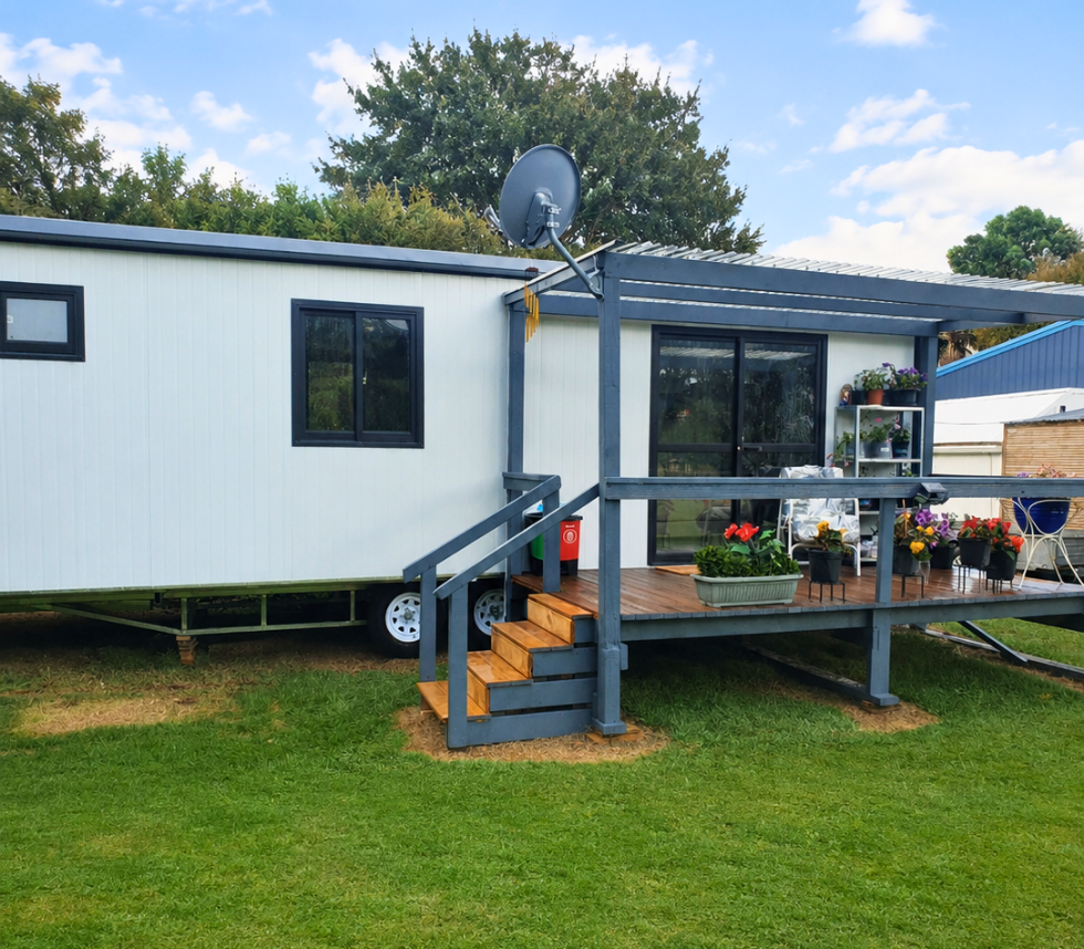 8.08m x 3m self-contained Sunrise Build cabin with covered deck